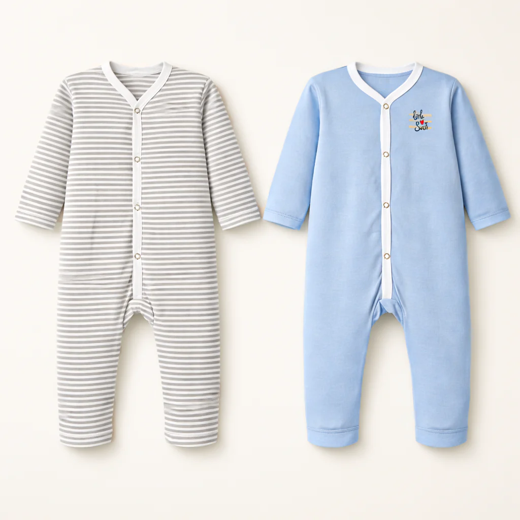 Baby 2Pcs Full Body Sleepsuit Set Stripes Grey & Blue - Oolaa