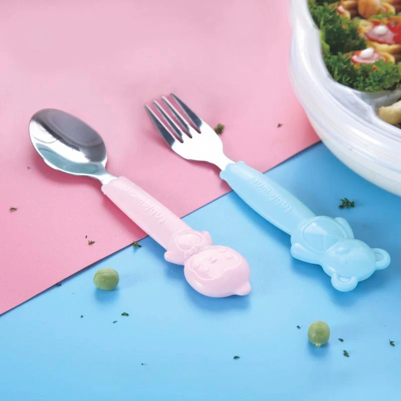 Baby 2Pcs Stainless Steel Spoon & Fork Set Green - Sunshine - Image 3