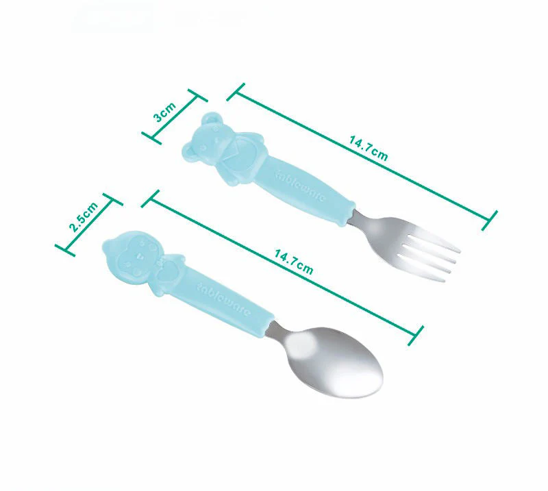 Baby 2Pcs Stainless Steel Spoon & Fork Set Green - Sunshine - Image 4