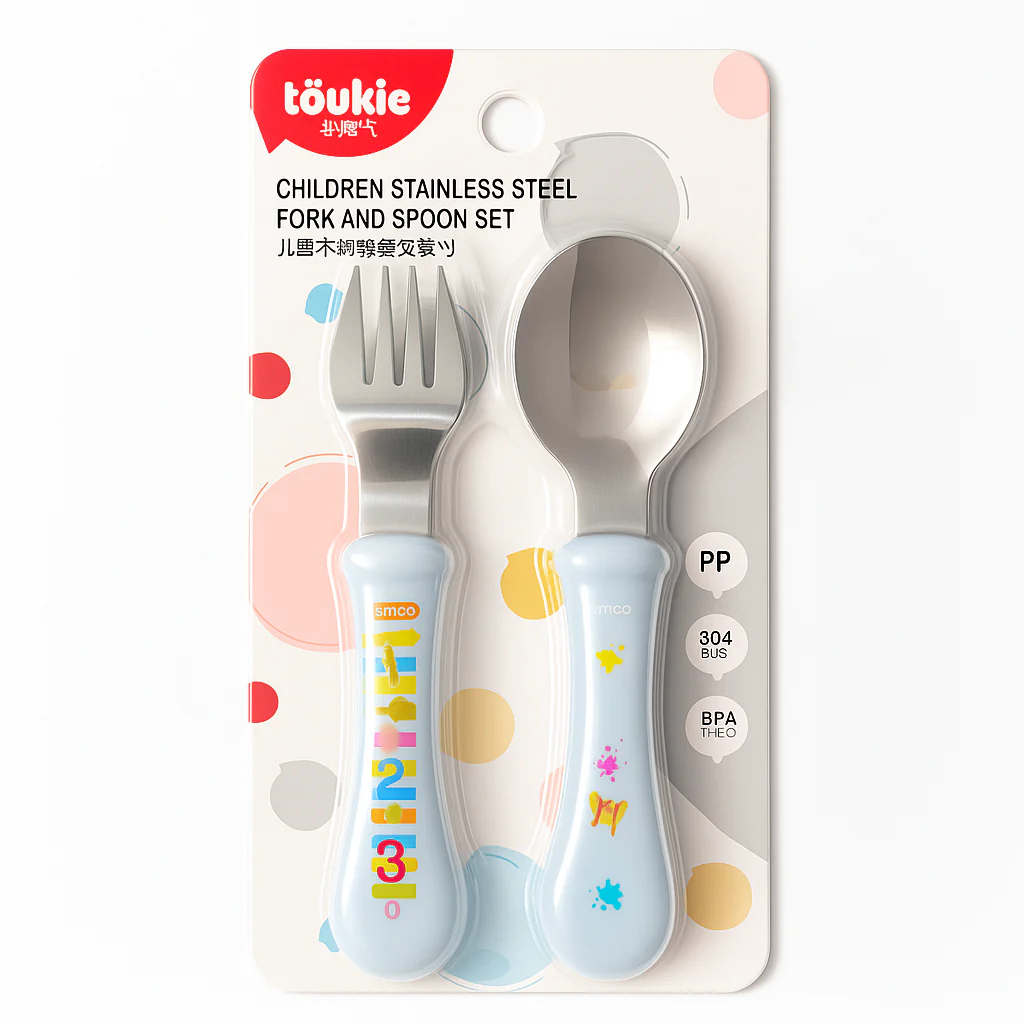 Baby 2Pcs Stainless Steel Spoon & Fork Set Light Blue - Sunshine