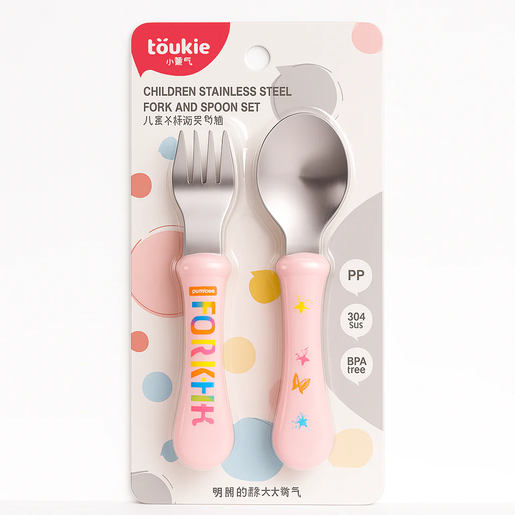 Baby 2Pcs Stainless Steel Spoon & Fork Set Pink - Sunshine