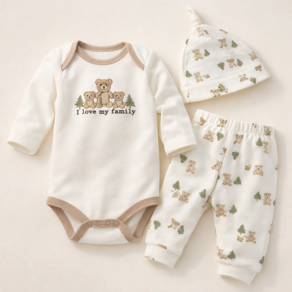 Baby 3Pcs Cotton Bodysuit & Pajama Set Bear White - Sunshine
