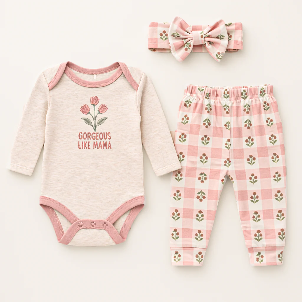 Baby 3Pcs Cotton Bodysuit & Pajama Set Flower Grey - Sunshine