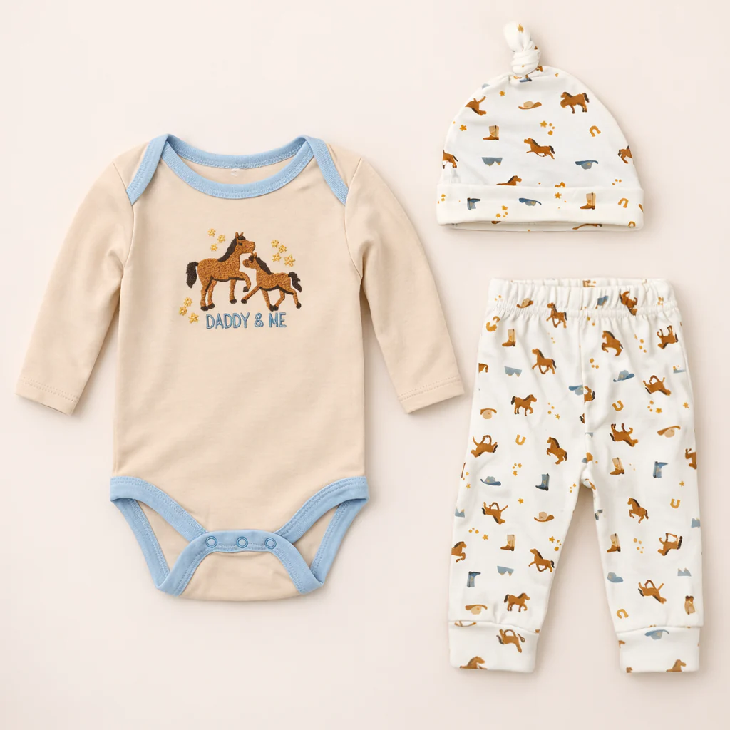 Baby 3Pcs Cotton Bodysuit & Pajama Set Horse Beige - Sunshine