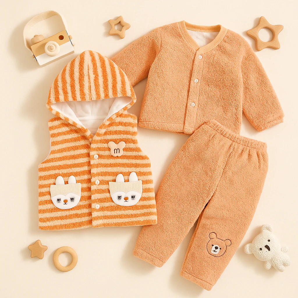 Baby 3Pcs Fleece Gift Set Bear Orange (6-12 Months) - Sunshine