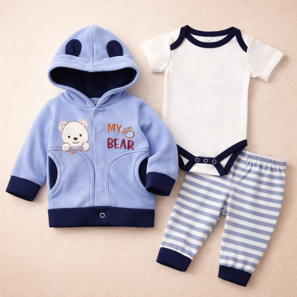 Baby 3Pcs Hood, Bodysuit & Pajama Set Bear Blue - Sunshine