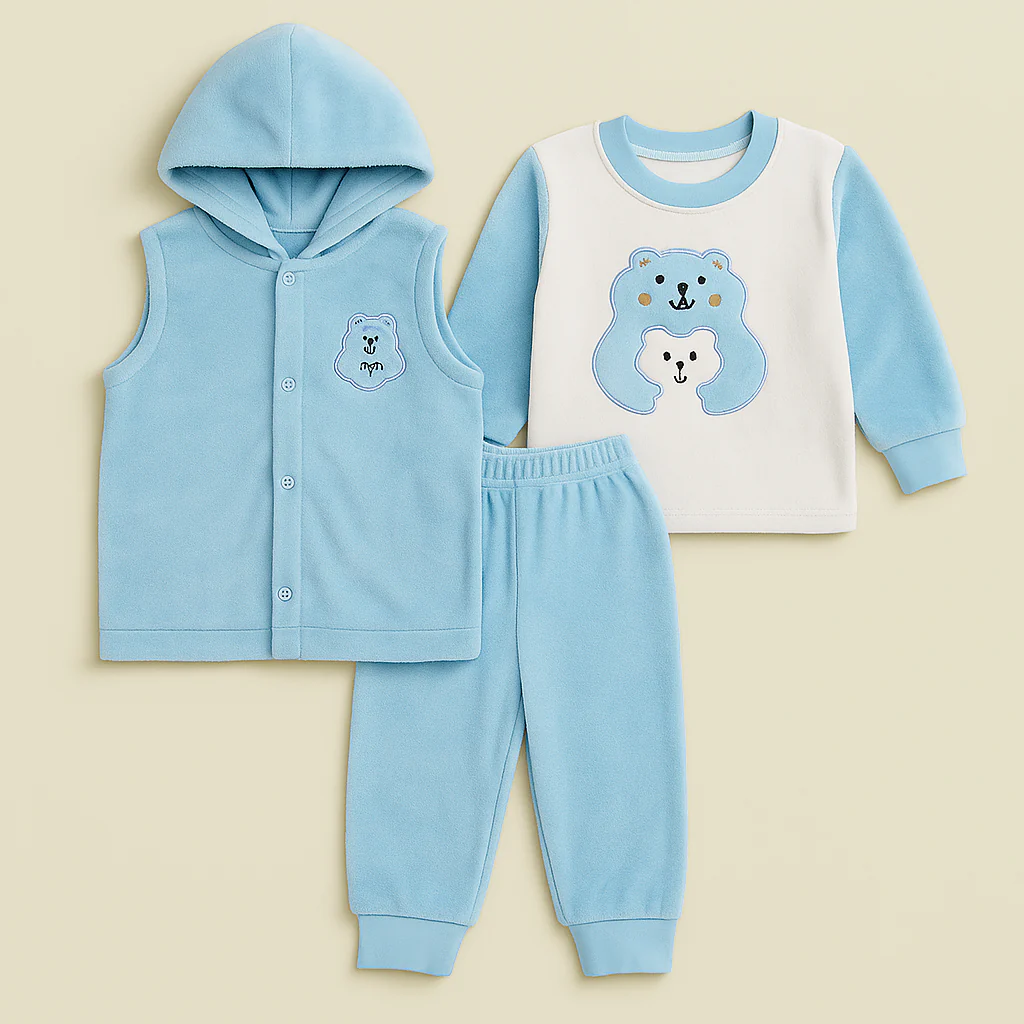 Baby 3Pcs Hooded Fleece Pajama Set Bear Blue - Oolaa