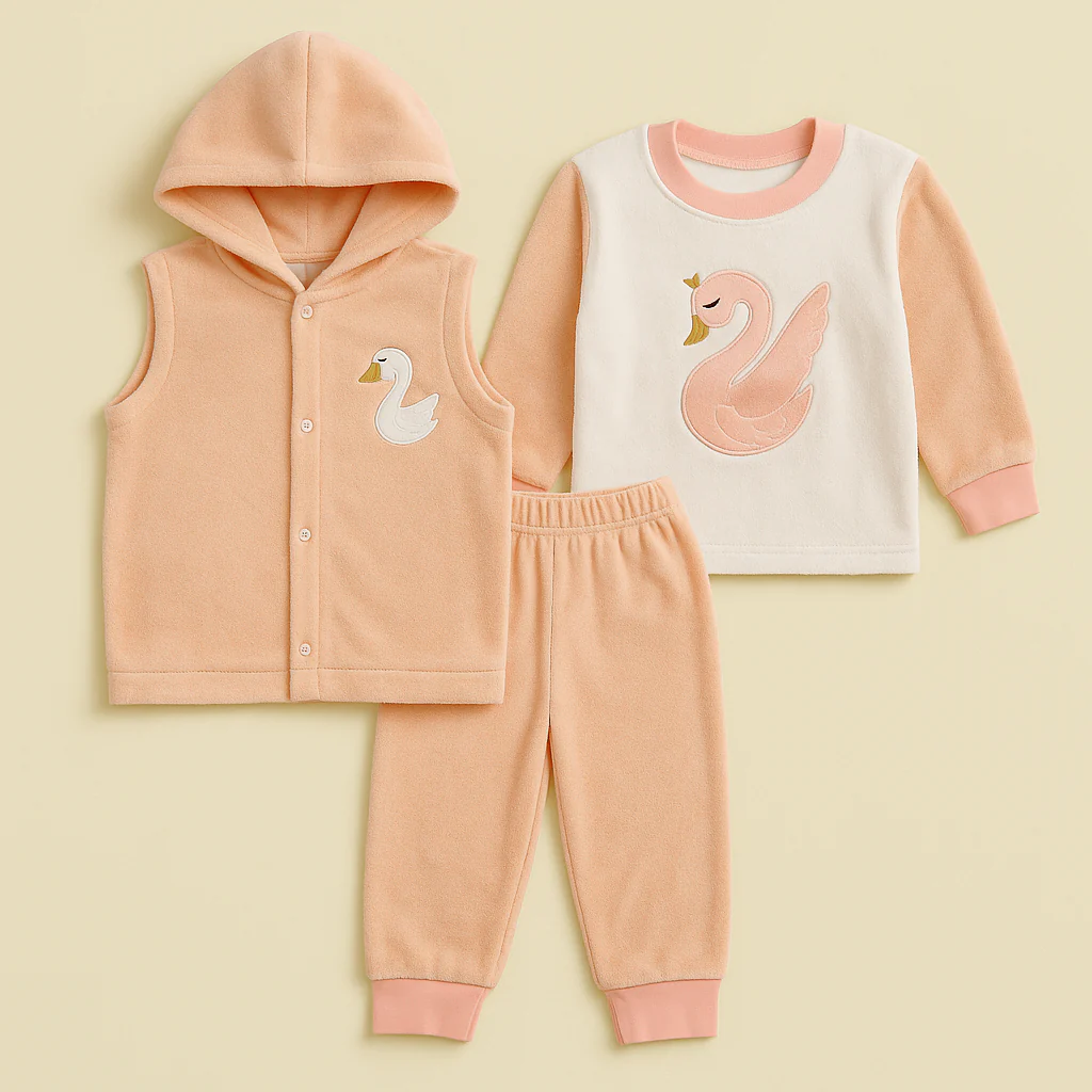 Baby 3Pcs Hooded Fleece Pajama Set Swan Peach - Oolaa