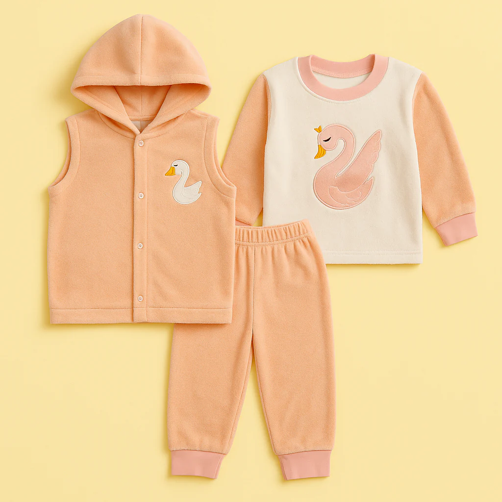 Baby 3Pcs Hooded Fleece Pajama Set Swan Peach - Oolaa - Image 2