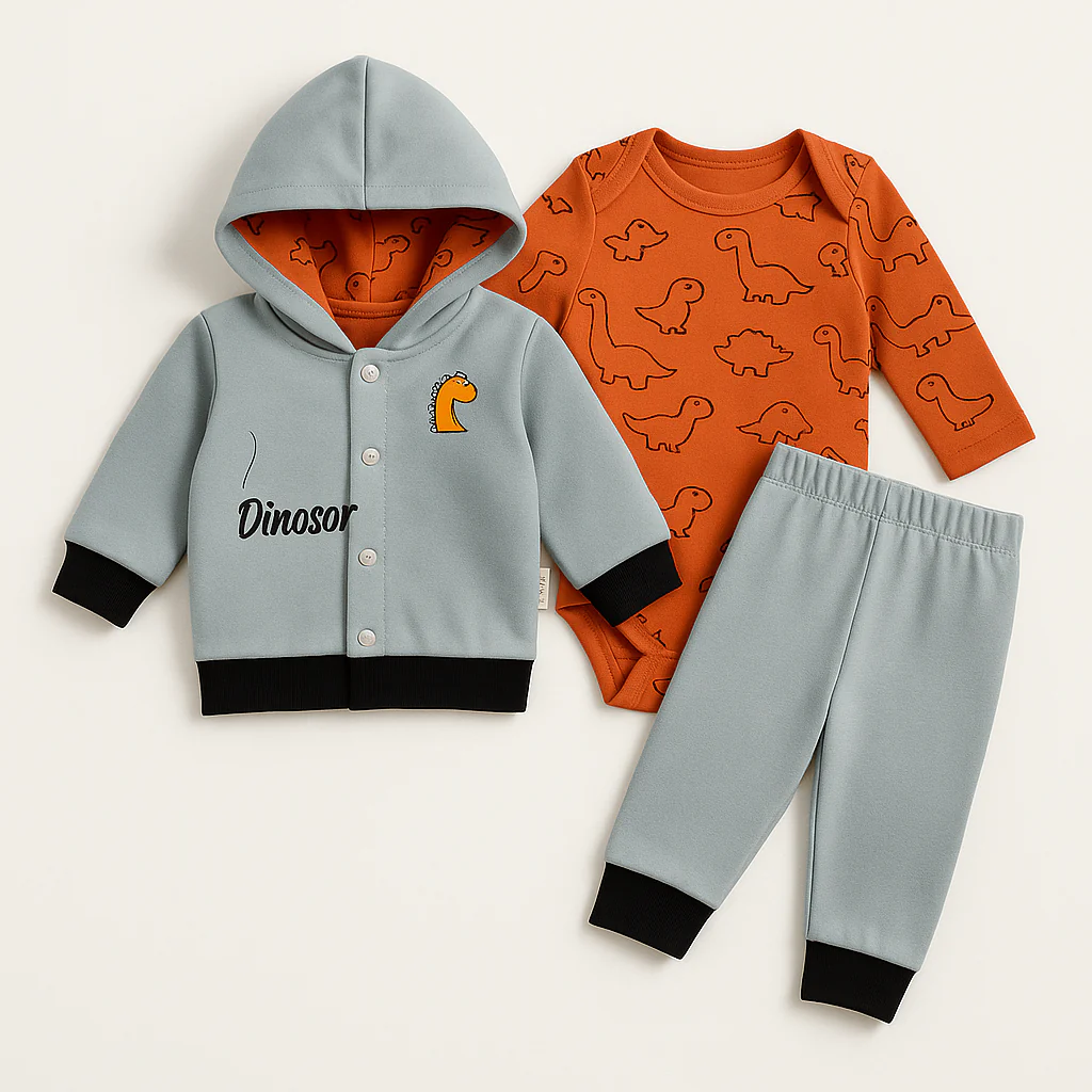 Baby 3Pcs Hooded Suit Set Dino Dark Blue - Oolaa