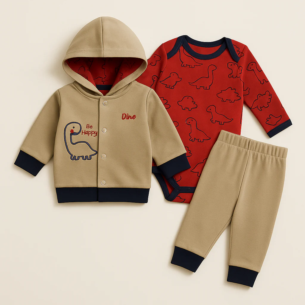 Baby 3Pcs Hooded Suit Set Dino Dark Brown - Oolaa