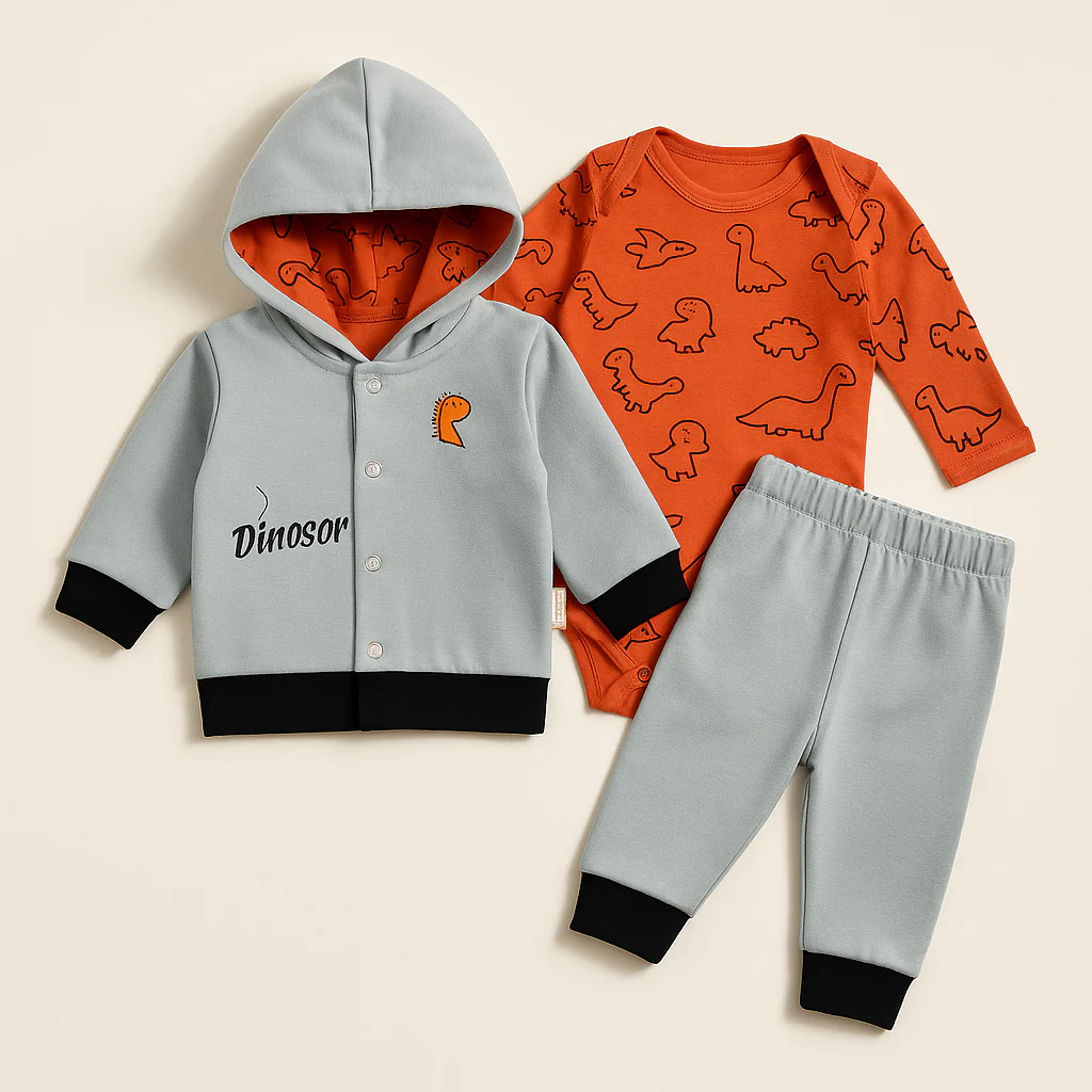 Baby 3Pcs Hooded Suit Set Dino Light Blue - Oolaa