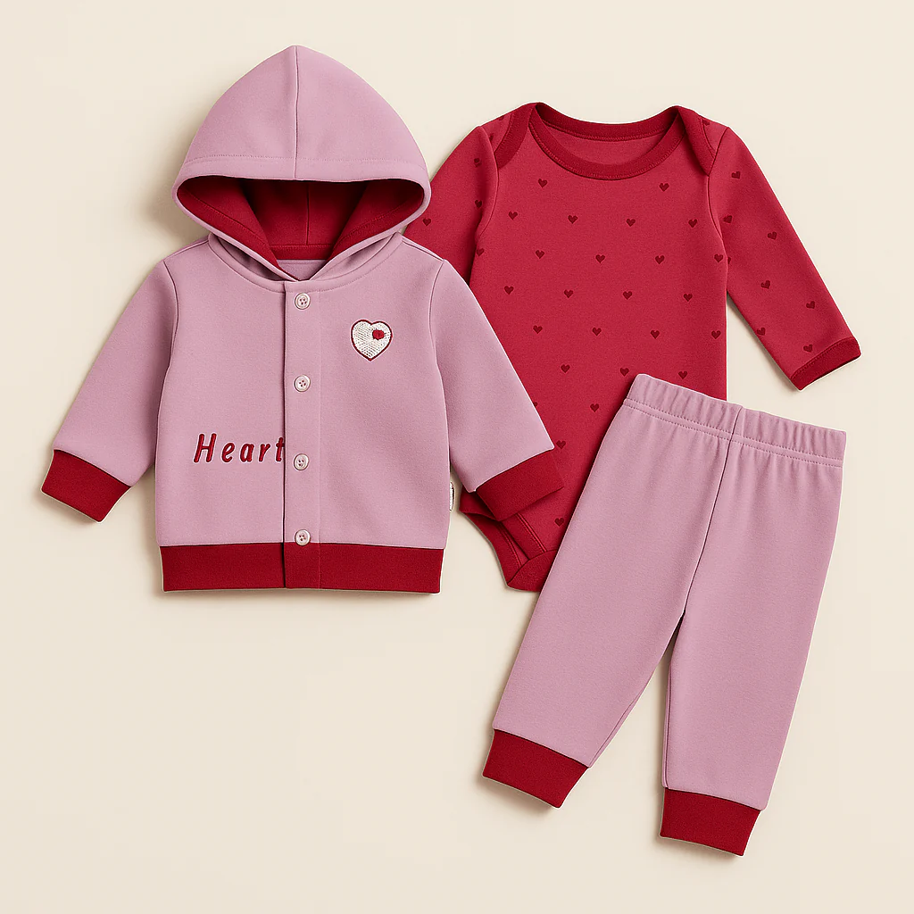 Baby 3Pcs Hooded Suit Set Pink - Oolaa