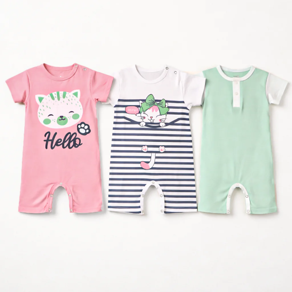 Baby 3Pcs Short-Leg Romper Set Bear Pink - Oolaa