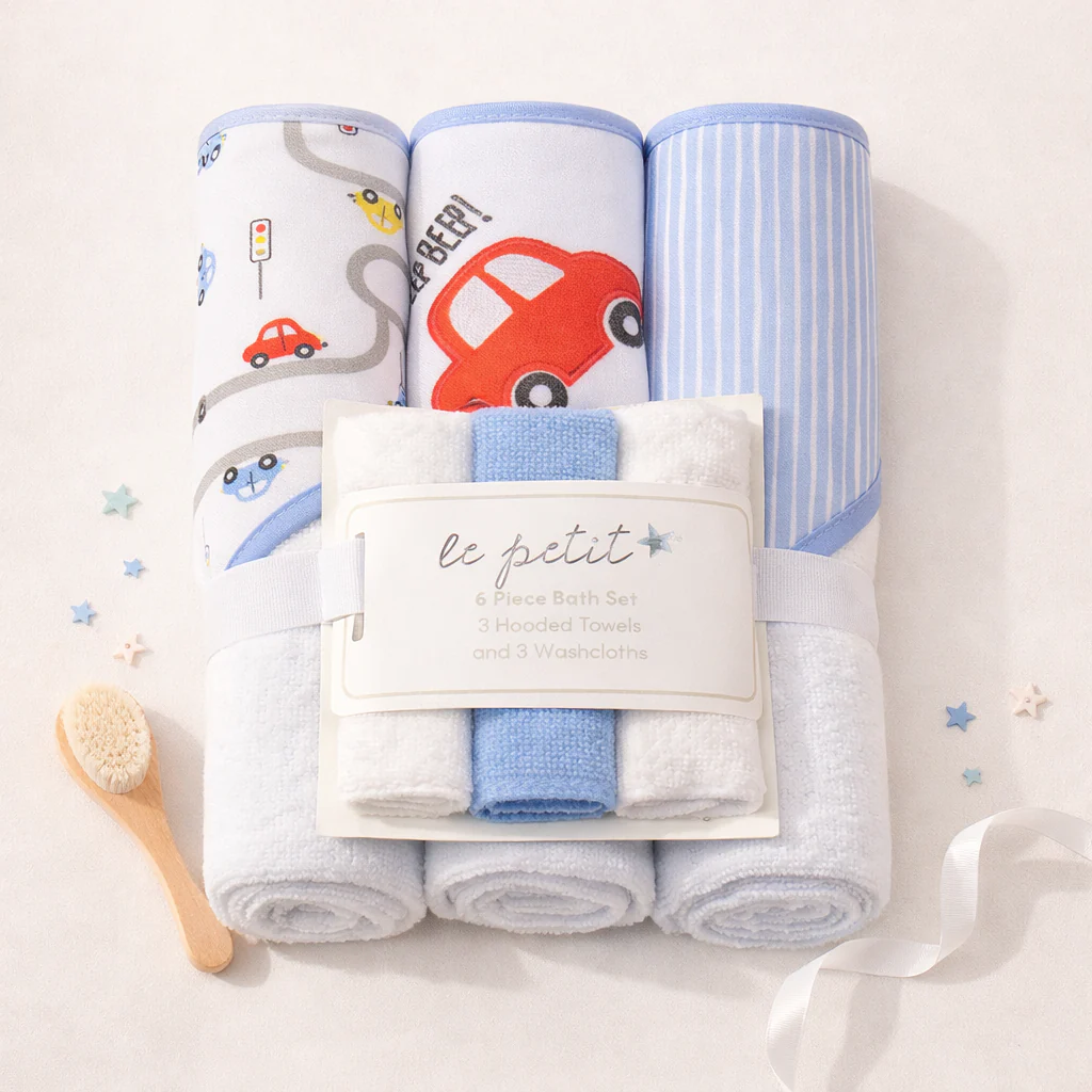 Baby 6Pcs Towels & Washcloths Set Cars Blue - Sunshine