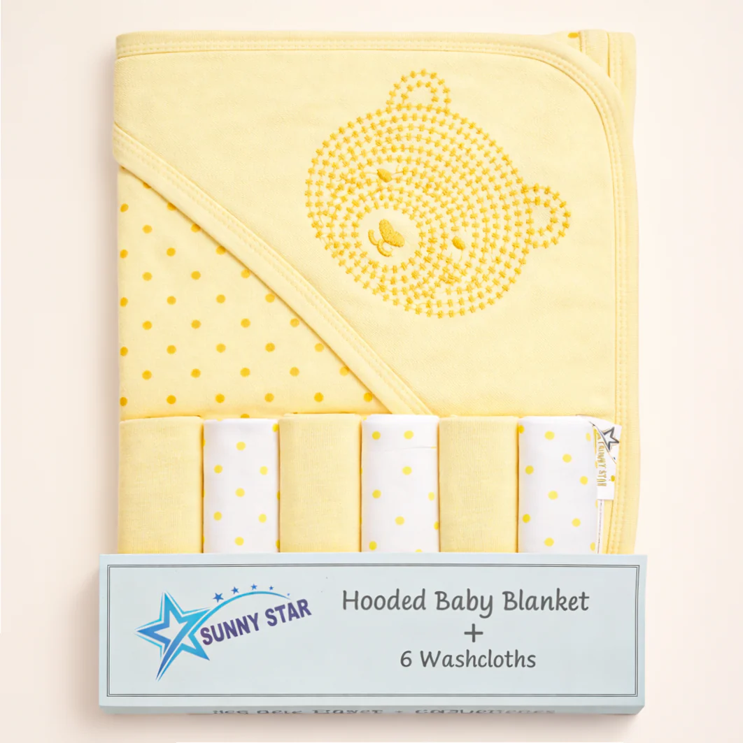 Baby 7Pcs Wrapping Sheet & Washcloths Set Bear Yellow - Sunshine