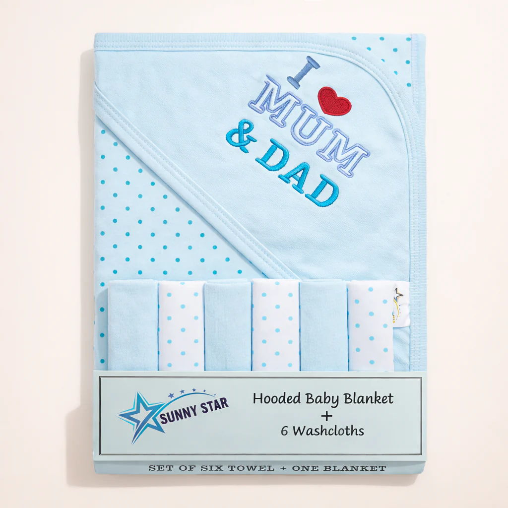 Baby 7Pcs Wrapping Sheet & Washcloths Set I Love Mum & Dad Blue - Sunshine
