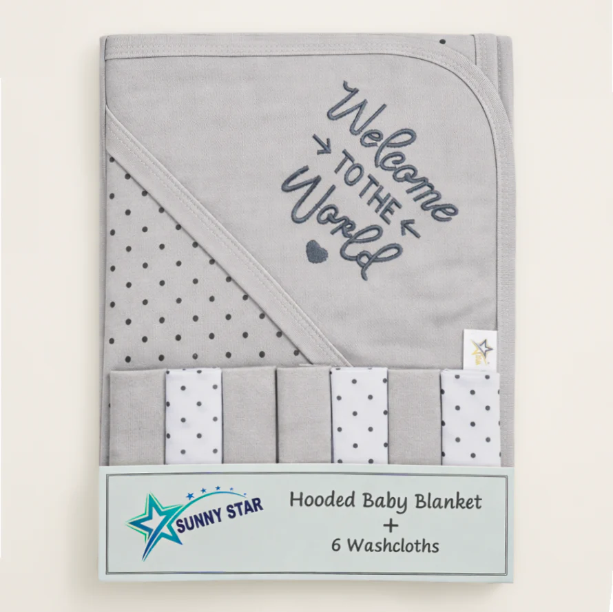 Baby 7Pcs Wrapping Sheet & Washcloths Set Welcome To The World Grey - Sunshine