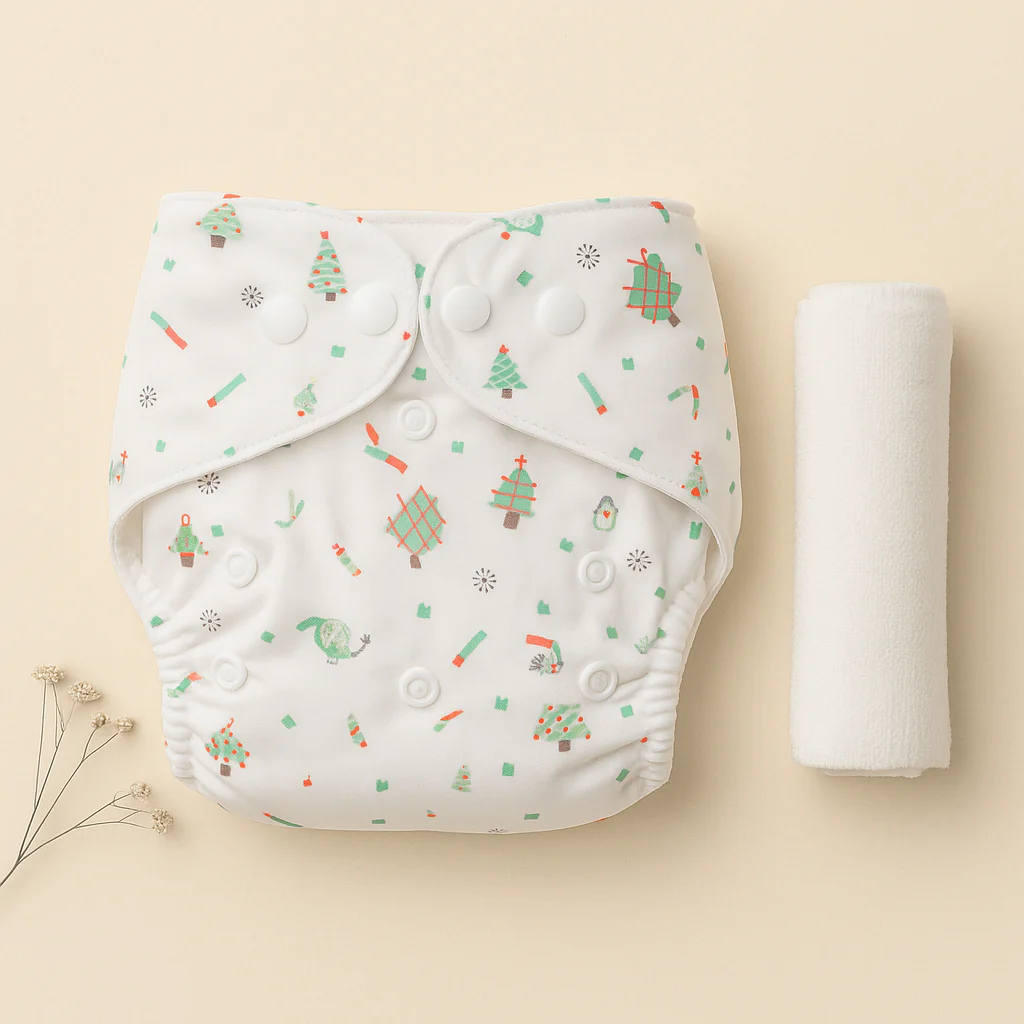 Baby Adjustable Reusable Nappy With Reusable Cloth Alphabets Green (0-24 Months) - Sunshine