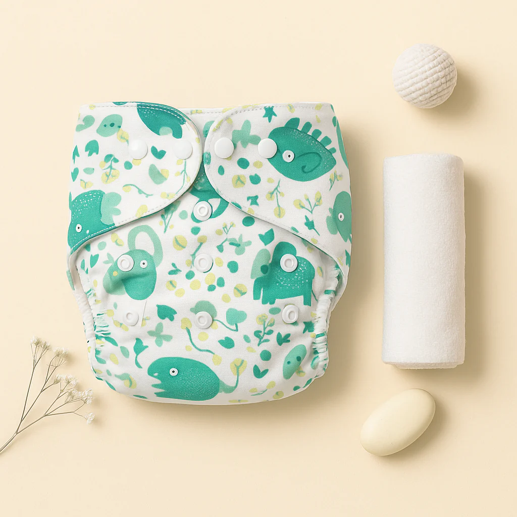 Baby Adjustable Reusable Nappy With Reusable Cloth Elephant Green (0-24 Months) - Sunshine