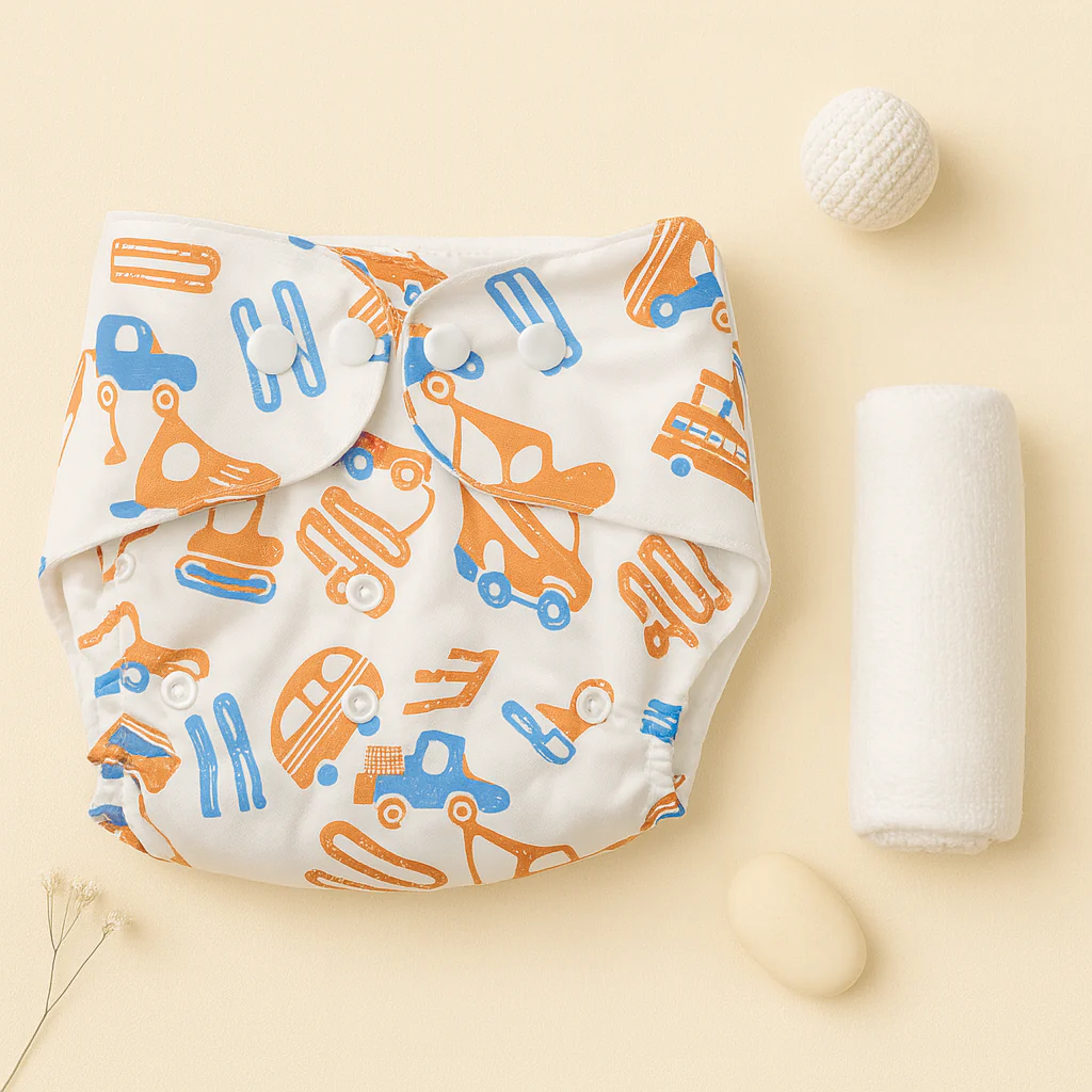 Baby Adjustable Reusable Nappy With Reusable Cloth Trucks Orange (0-24 Months) - Sunshine