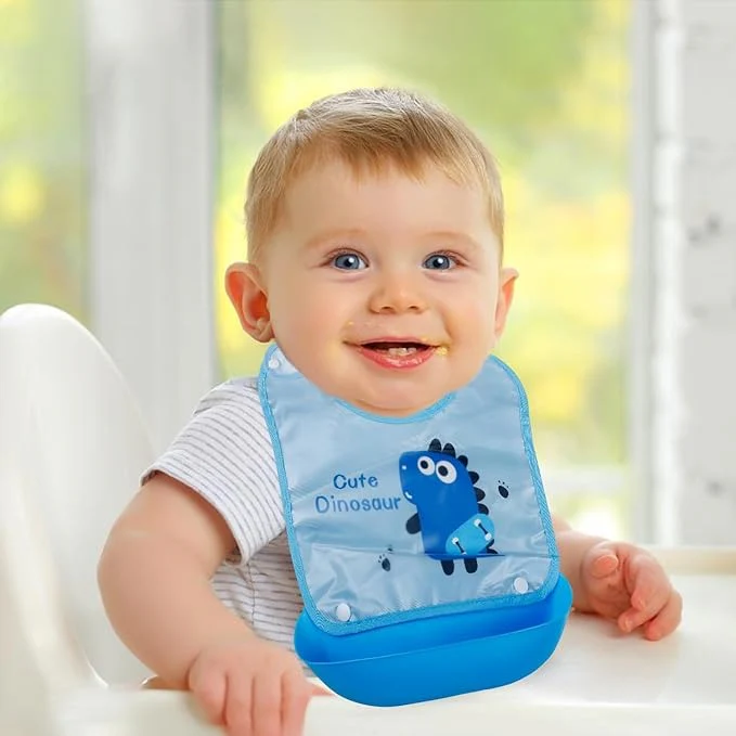 Baby Bib With Detachable Silicon Pocket Cute Dino Blue - Sunshine - Image 3