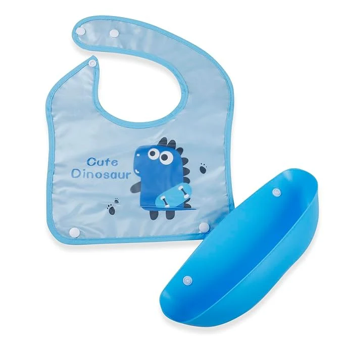 Baby Bib With Detachable Silicon Pocket Cute Dino Blue - Sunshine - Image 4