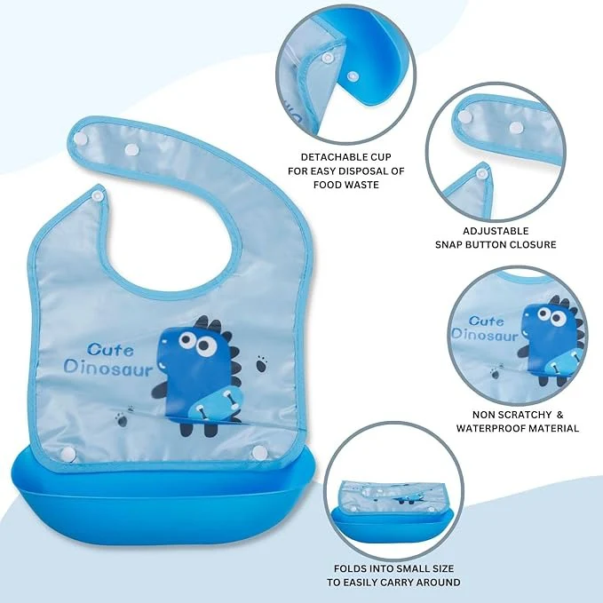 Baby Bib With Detachable Silicon Pocket Cute Dino Blue - Sunshine - Image 5