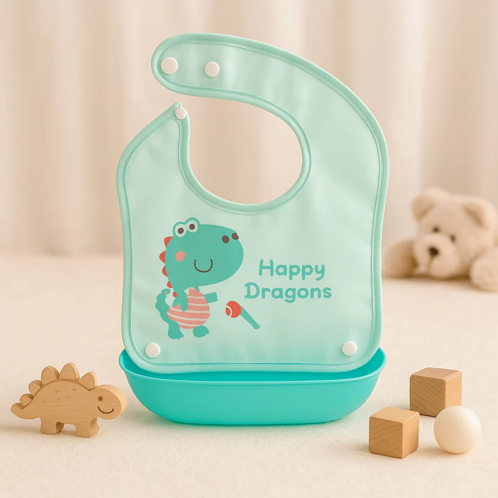 Baby Bib With Detachable Silicon Pocket Happy Dragon Sea Green - Sunshine