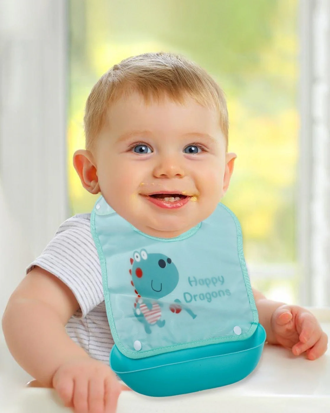 Baby Bib With Detachable Silicon Pocket Happy Dragon Sea Green - Sunshine - Image 3