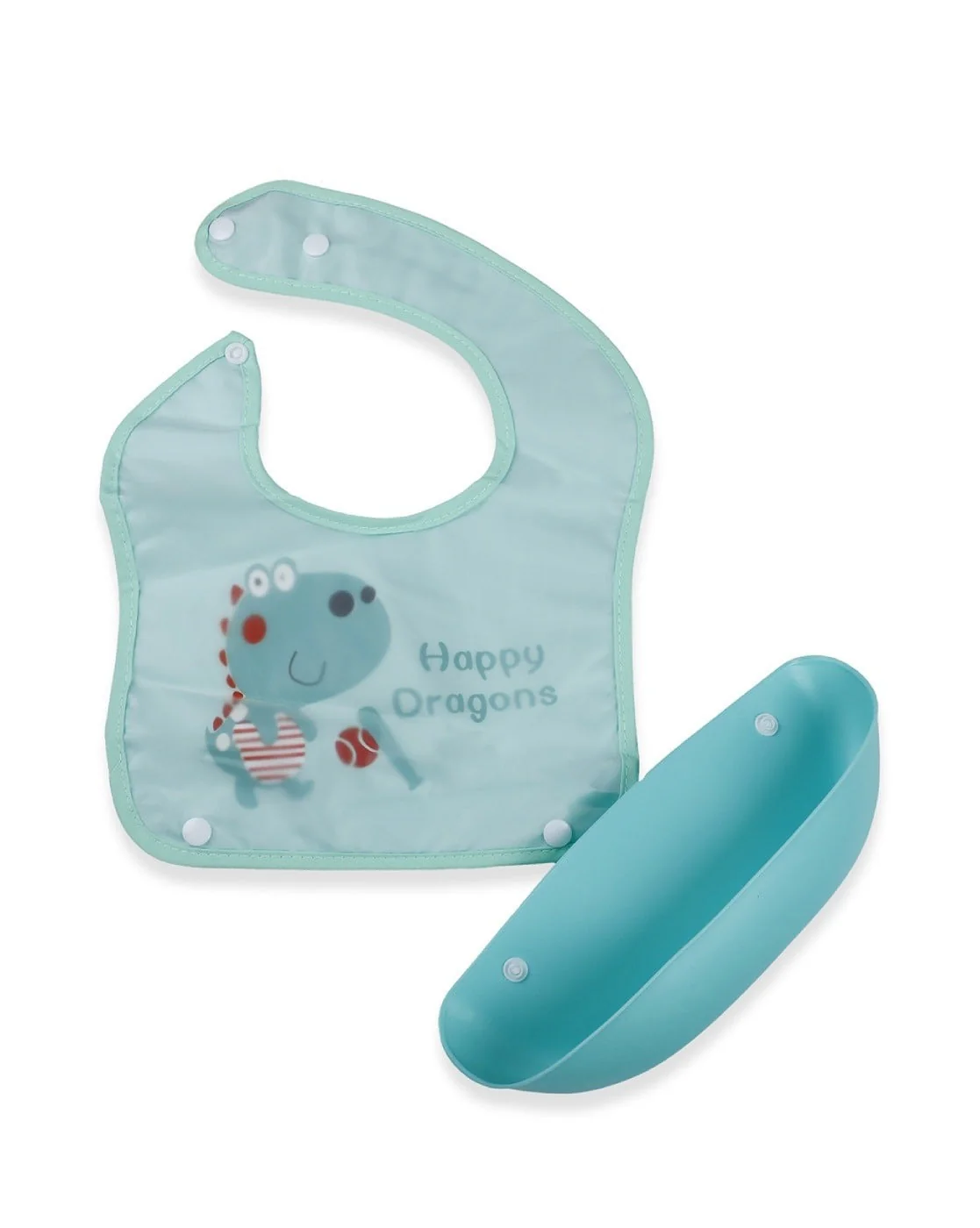 Baby Bib With Detachable Silicon Pocket Happy Dragon Sea Green - Sunshine - Image 4