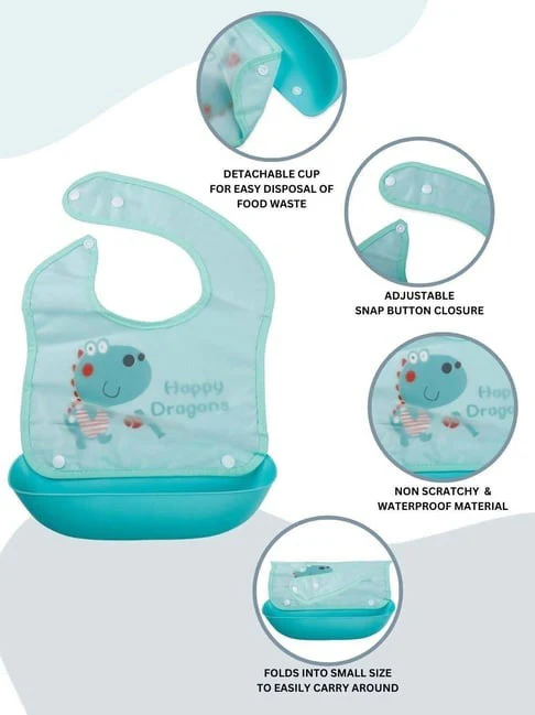 Baby Bib With Detachable Silicon Pocket Happy Dragon Sea Green - Sunshine - Image 5