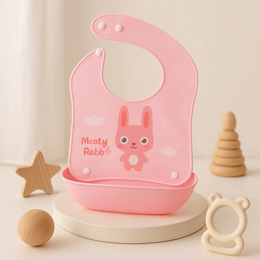 Baby Bib With Detachable Silicon Pocket Meaty Rabbit Pink - Sunshine
