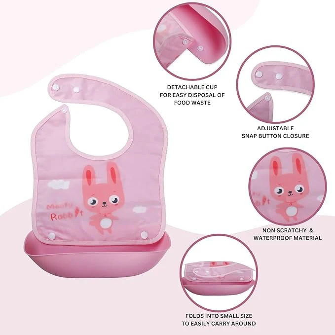Baby Bib With Detachable Silicon Pocket Meaty Rabbit Pink - Sunshine - Image 5