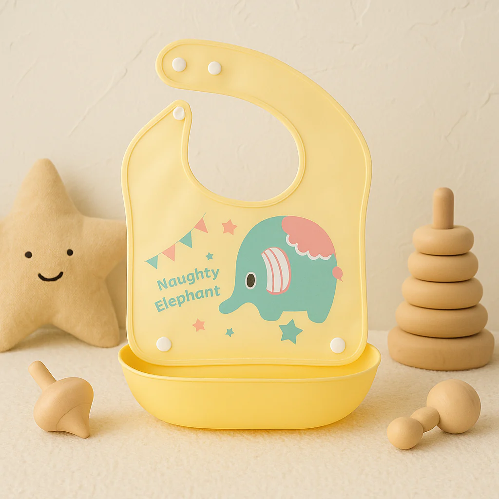 Baby Bib With Detachable Silicon Pocket Naughty Elephant Yellow - Sunshine