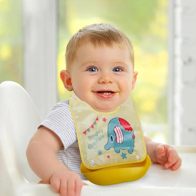 Baby Bib With Detachable Silicon Pocket Naughty Elephant Yellow - Sunshine - Image 3