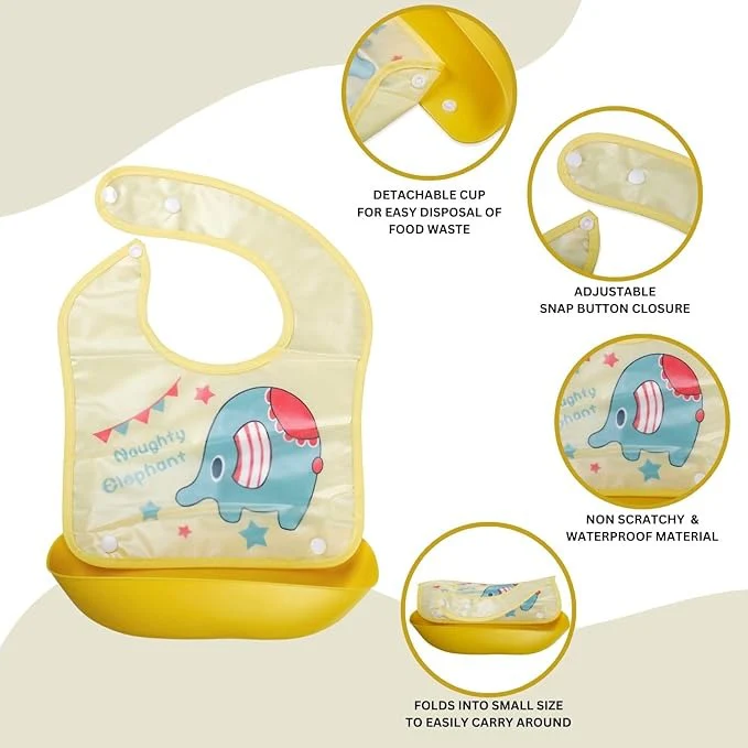 Baby Bib With Detachable Silicon Pocket Naughty Elephant Yellow - Sunshine - Image 5