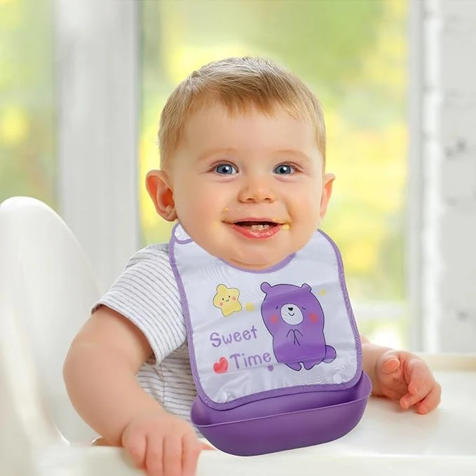 Baby Bib With Detachable Silicon Pocket Sweet Bear Purple - Sunshine - Image 3