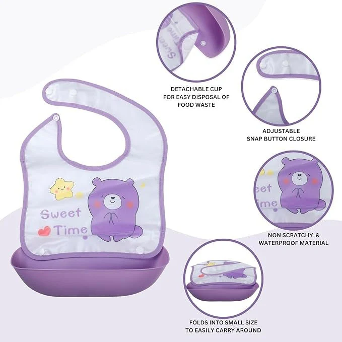 Baby Bib With Detachable Silicon Pocket Sweet Bear Purple - Sunshine - Image 5