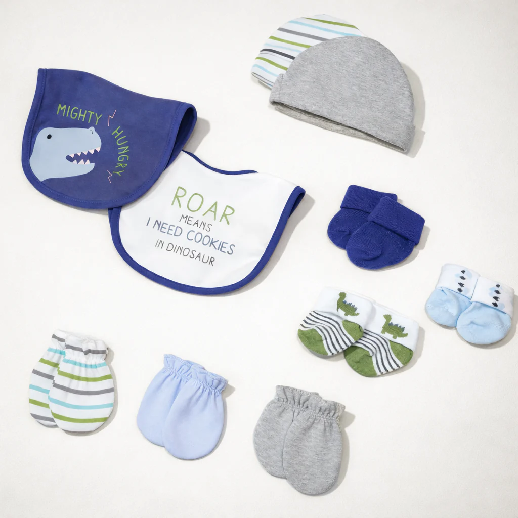 Baby Cap & Socks 10Pcs Gift Set Dino Blue - Sunshine