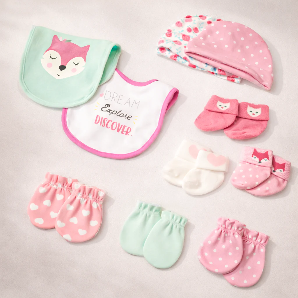 Baby Cap & Socks 10Pcs Gift Set Pink & Green - Sunshine