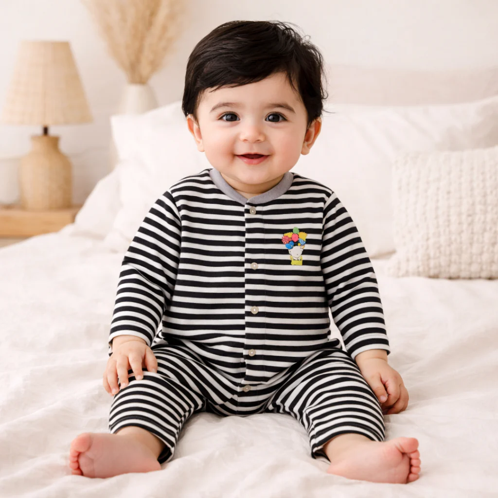 Baby Cotton Full Body Sleepsuit Stripes Black & White - Sunshine - Image 2