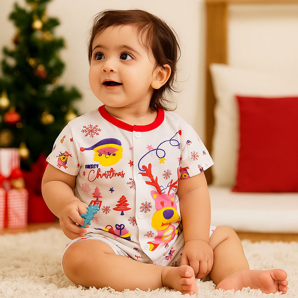 Baby Cotton Half Sleeves Sleepsuit Dear Red (0-3 Months) - Sunshine - Image 3