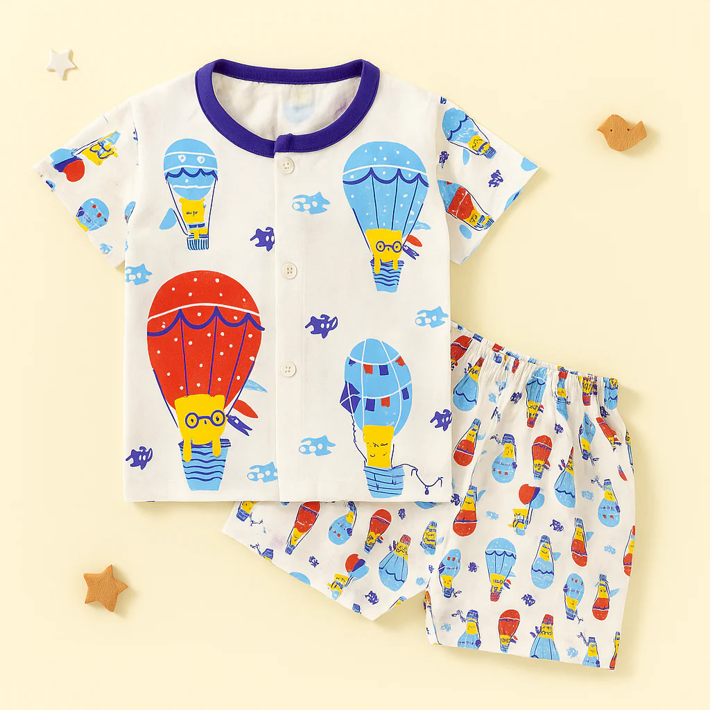 Baby Cotton Half Sleeves Sleepsuit Hot Air Balloon Blue (0-3 Months) - Sunshine