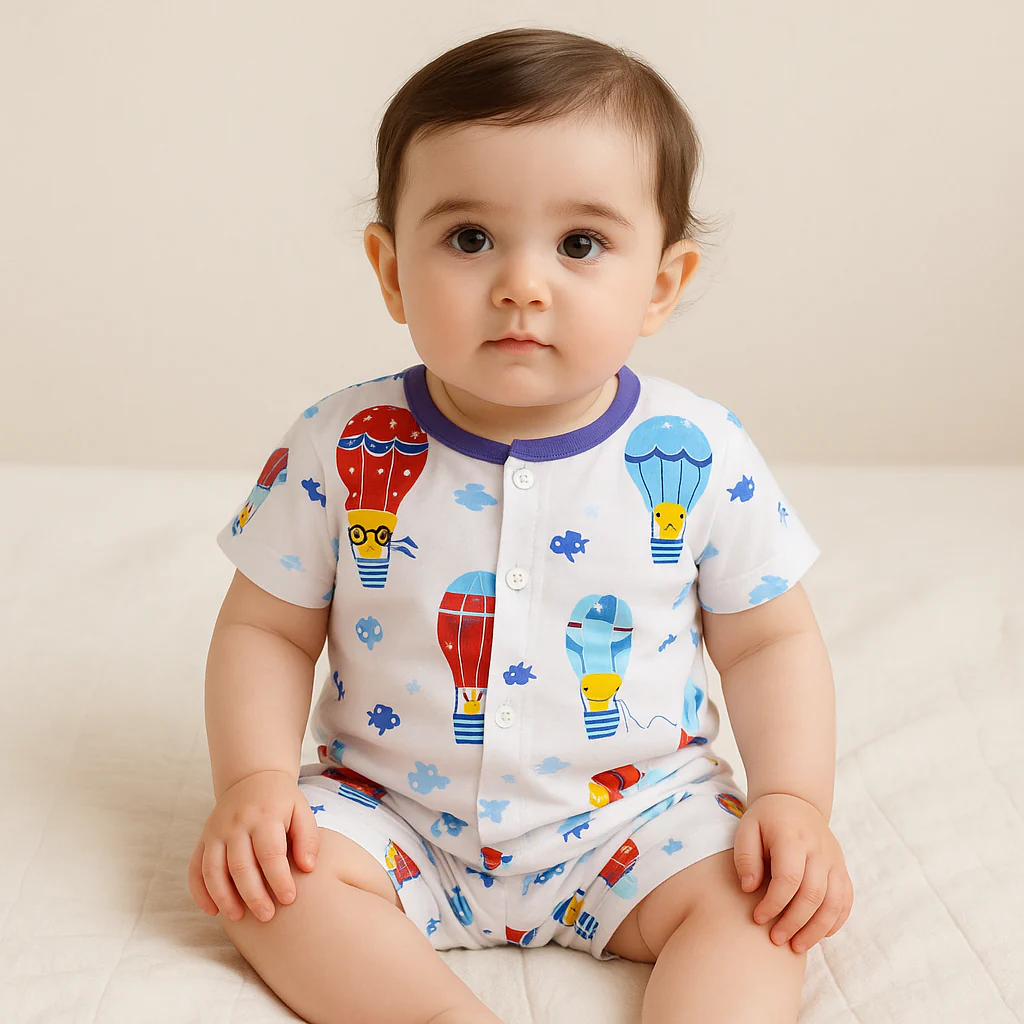 Baby Cotton Half Sleeves Sleepsuit Hot Air Balloon Blue (0-3 Months) - Sunshine - Image 2