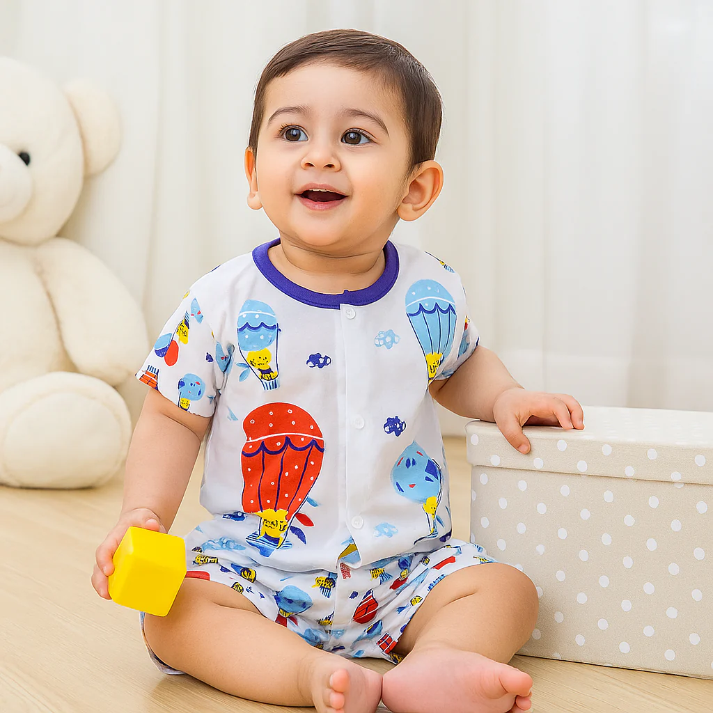 Baby Cotton Half Sleeves Sleepsuit Hot Air Balloon Blue (0-3 Months) - Sunshine - Image 3