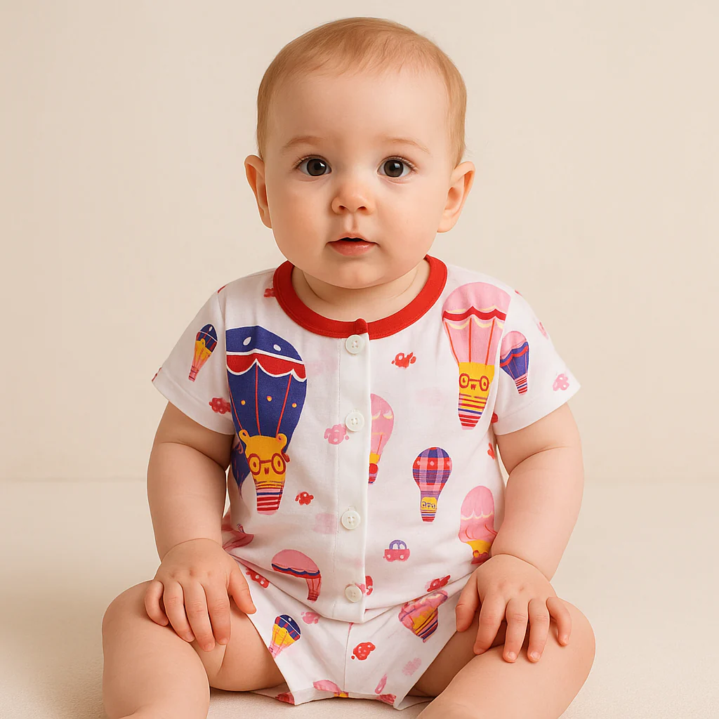 Baby Cotton Half Sleeves Sleepsuit Hot Air Balloon Red (0-3 Months) - Sunshine - Image 2