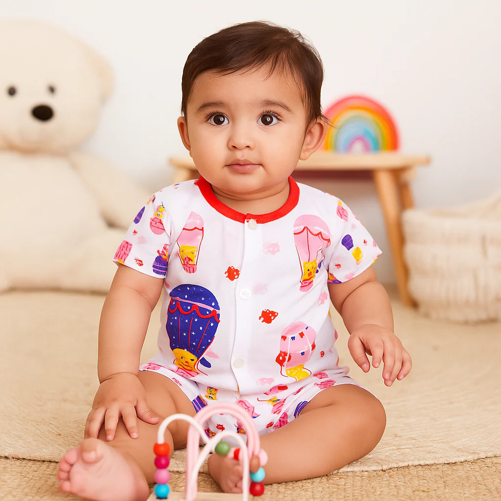Baby Cotton Half Sleeves Sleepsuit Hot Air Balloon Red (0-3 Months) - Sunshine - Image 3
