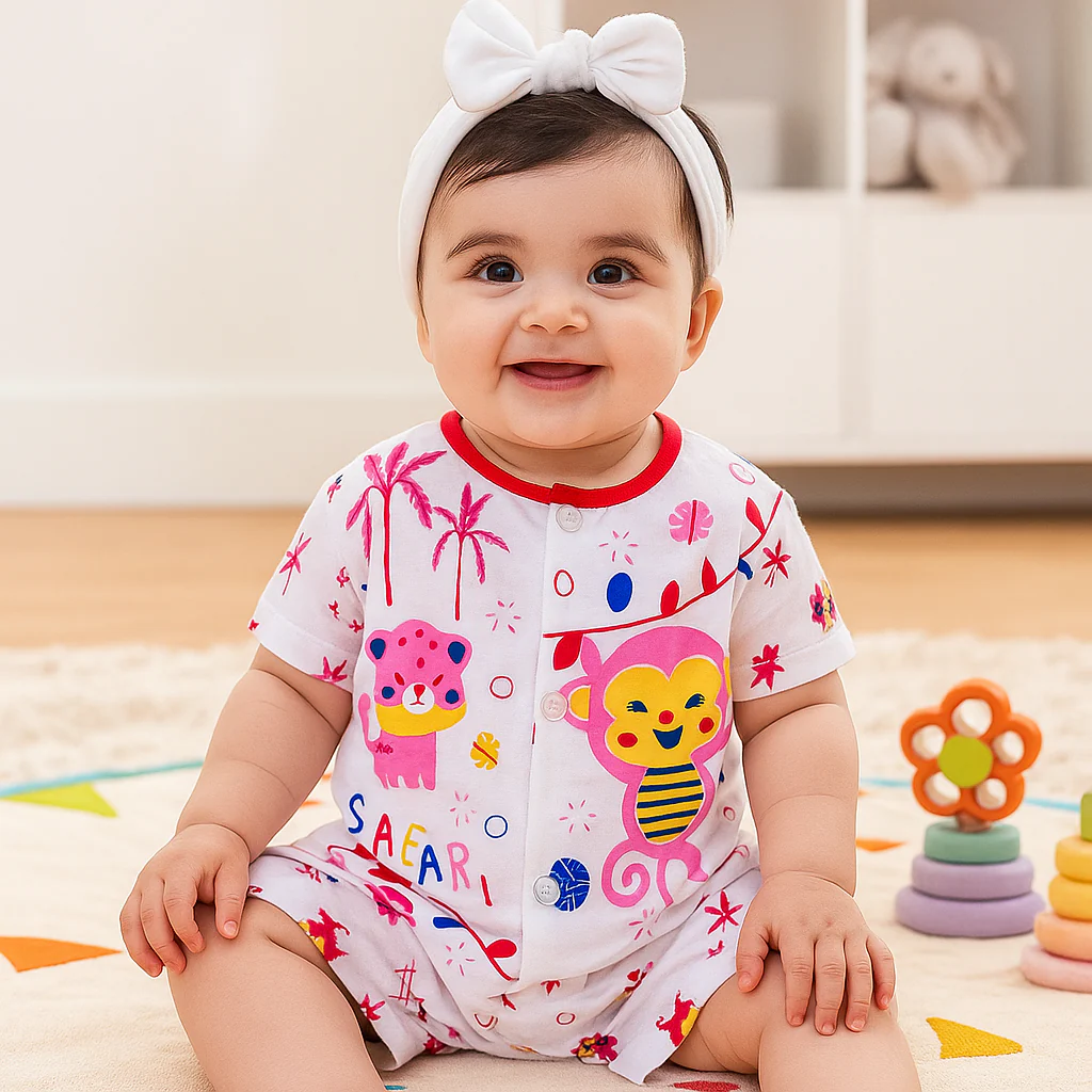 Baby Cotton Half Sleeves Sleepsuit Tiger Red (0-3 Months) - Sunshine - Image 3