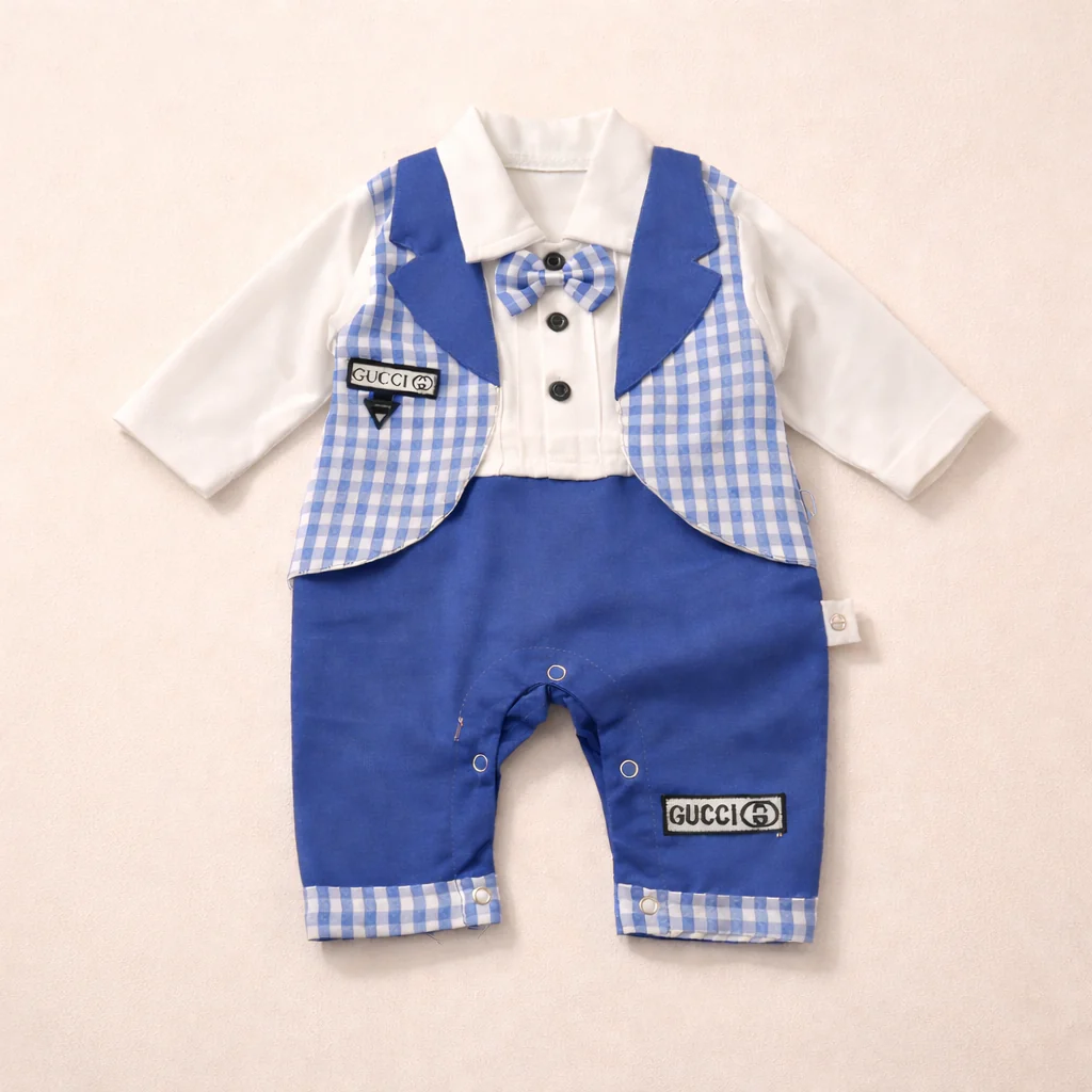 Baby Cotton Romper Gucci Check Blue - Sunshine
